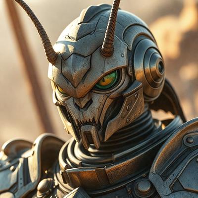 The primary subject of the image is a robot with a metallic appearance. The robot is wearing a helmet and has a menacing look on its face. The setting is a dirt field, and the visual style is a combination of photo and digital art. The colors are predominantly metallic and grey, giving the robot a futuristic and intimidating appearance.
